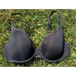 Victoria's Secret Black T-Shirt Bra Logo Straps Underwire Size 32D Lightly Lined